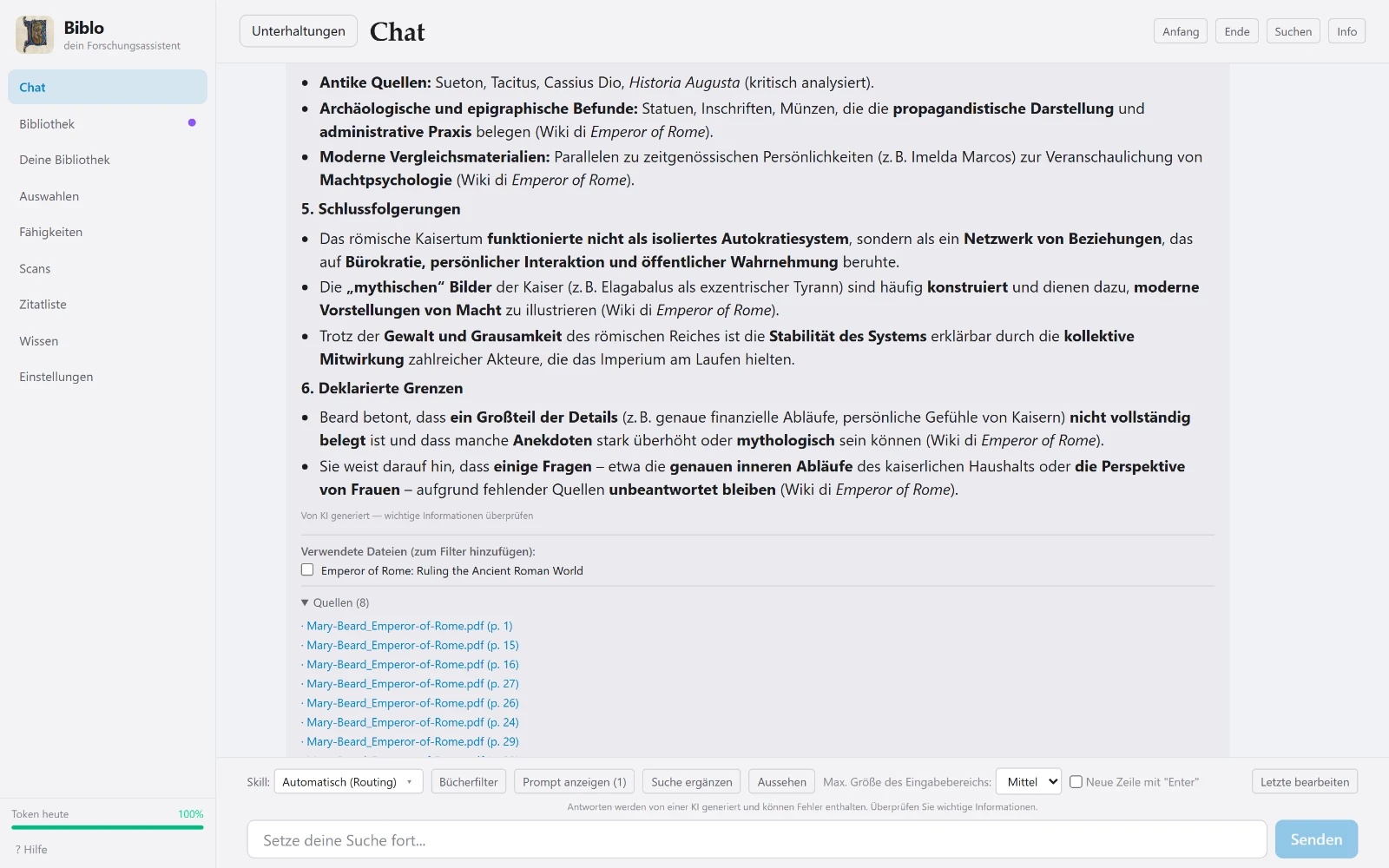 Der Chat von Biblo mit Antwort, Liste der verwendeten Dateien und Quellen