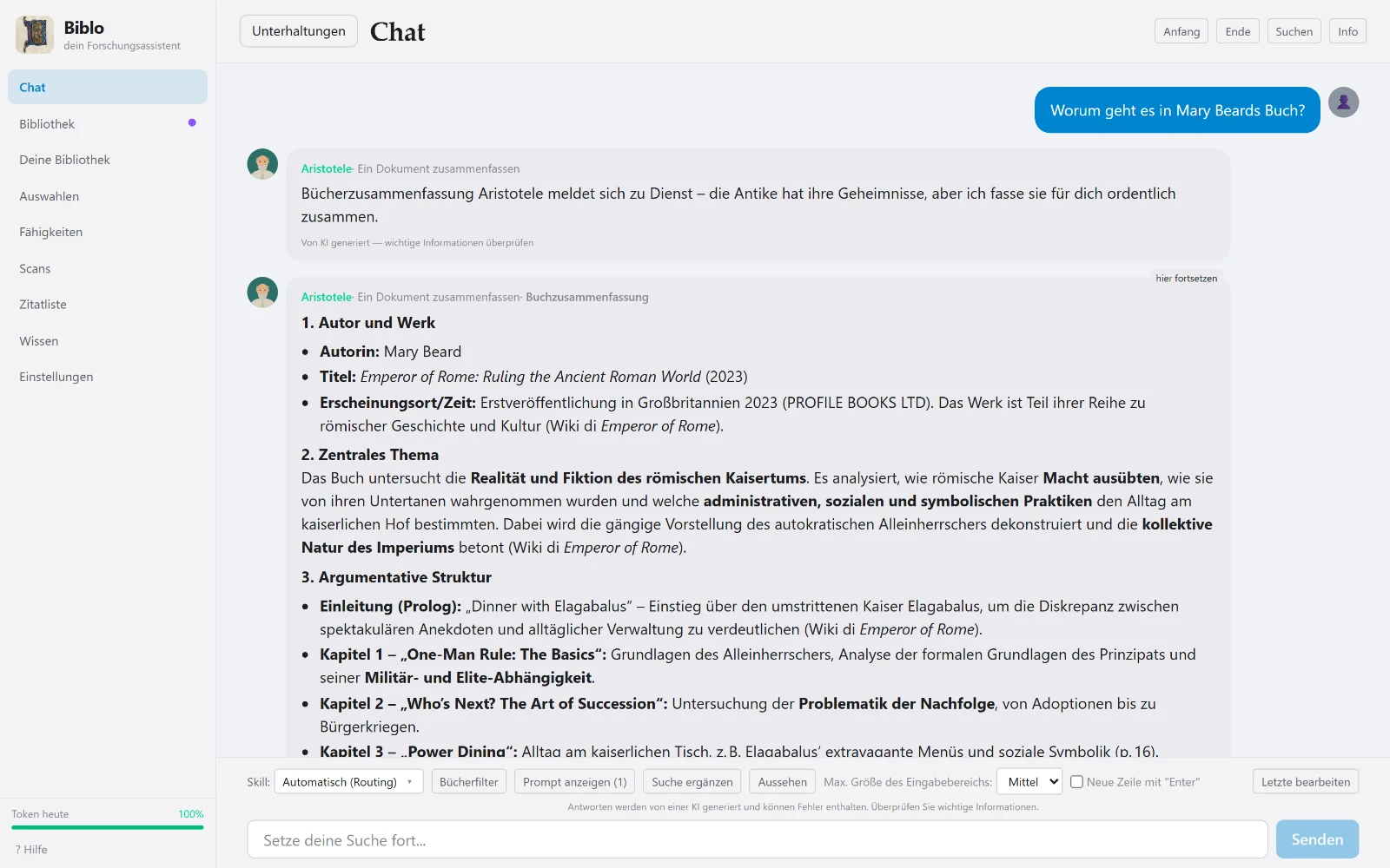 Der Chat von Biblo mit einer Antwort und den zitierten Quellen