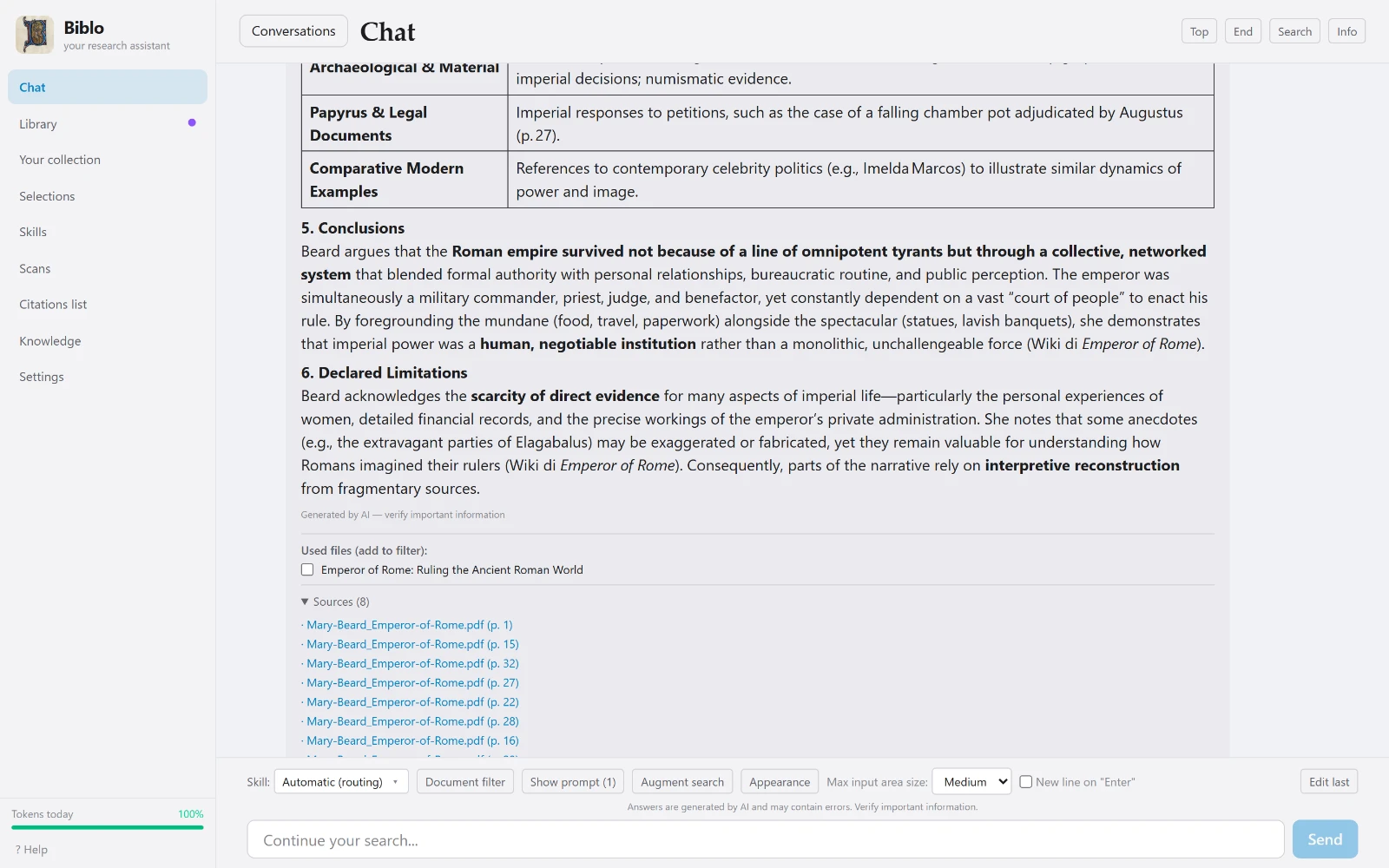 Biblo's chat with an answer, the list of files used and the sources