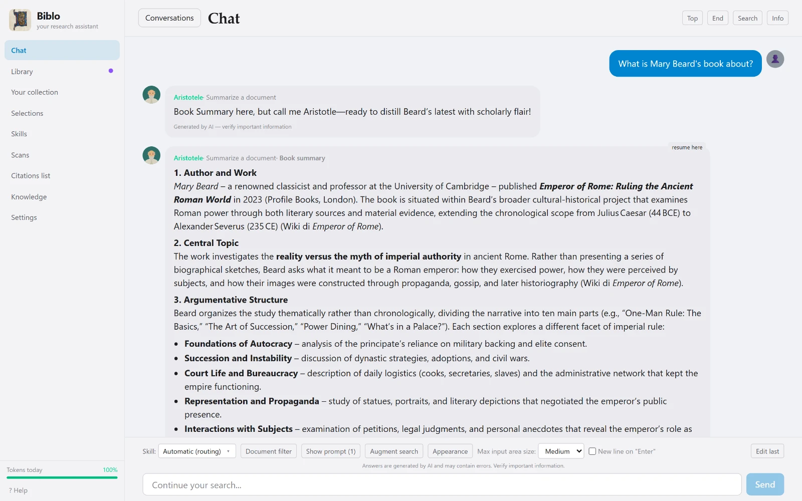 Biblo's chat showing an answer with its cited sources
