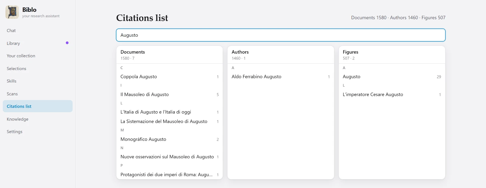 Biblo's citation list split into documents, authors and figures