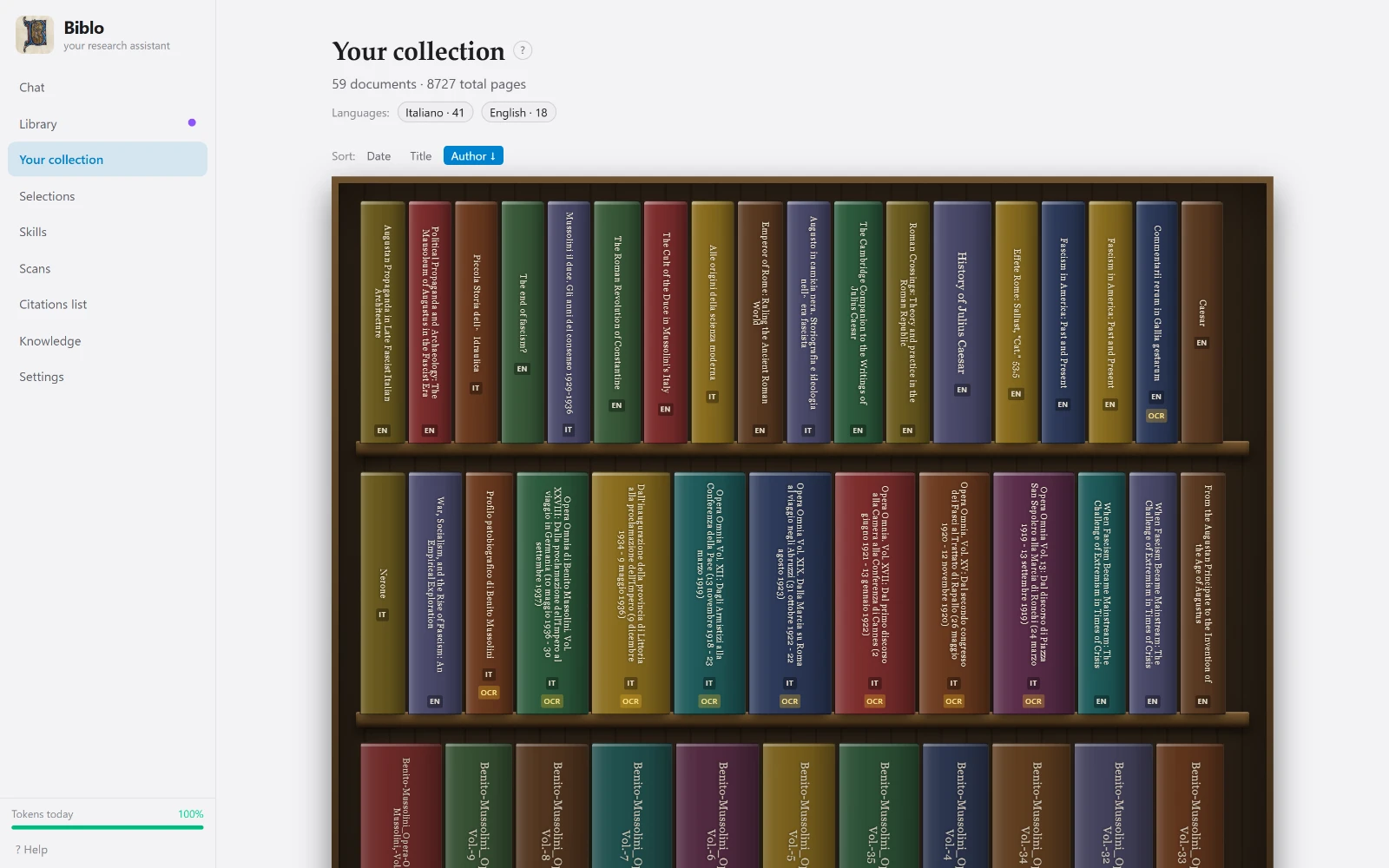 Biblo's shelf with volumes sorted by author
