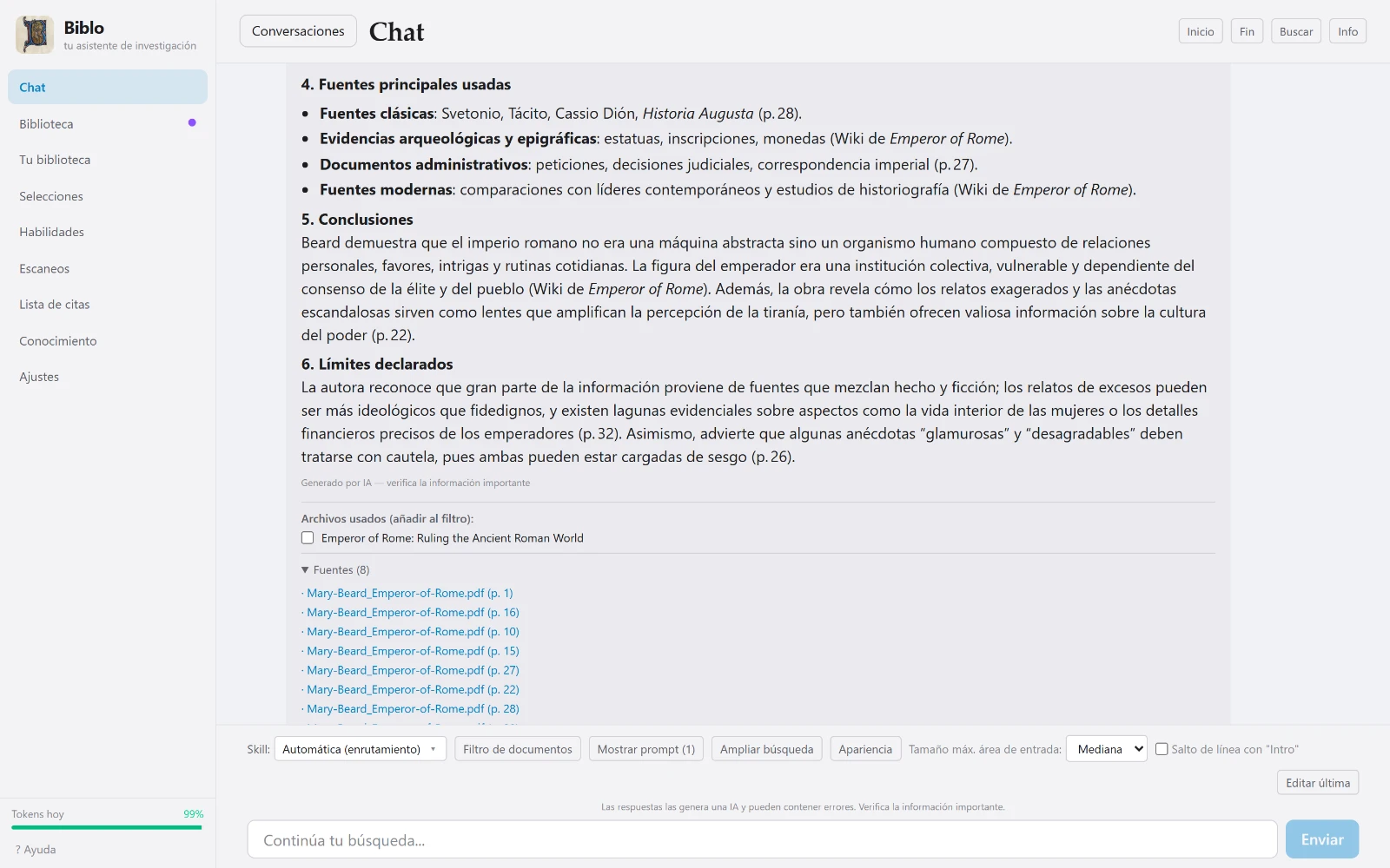El chat de Biblo con una respuesta, la lista de archivos usados y las fuentes