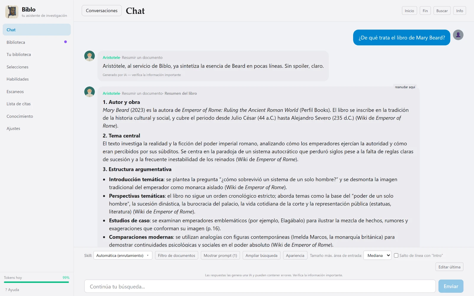 El chat de Biblo mostrando una respuesta con sus fuentes citadas