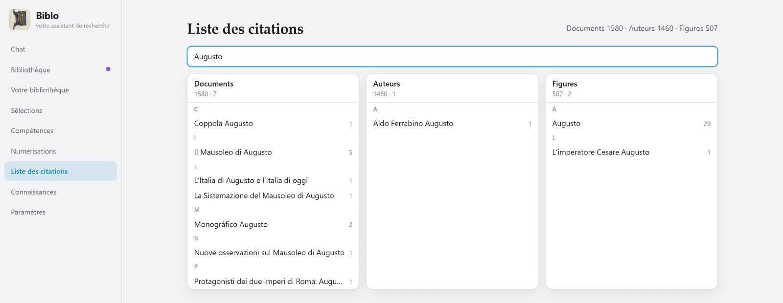 La liste des citations de Biblo répartie en documents, auteurs et figures
