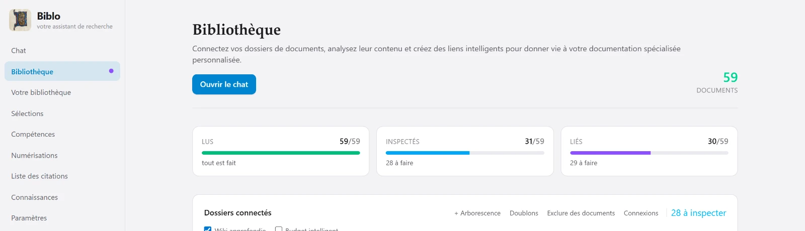 La page Bibliothèque de Biblo avec l'avancement des trois phases