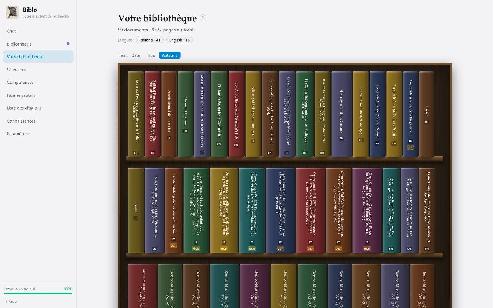 L'étagère de Biblo avec les volumes triés par auteur