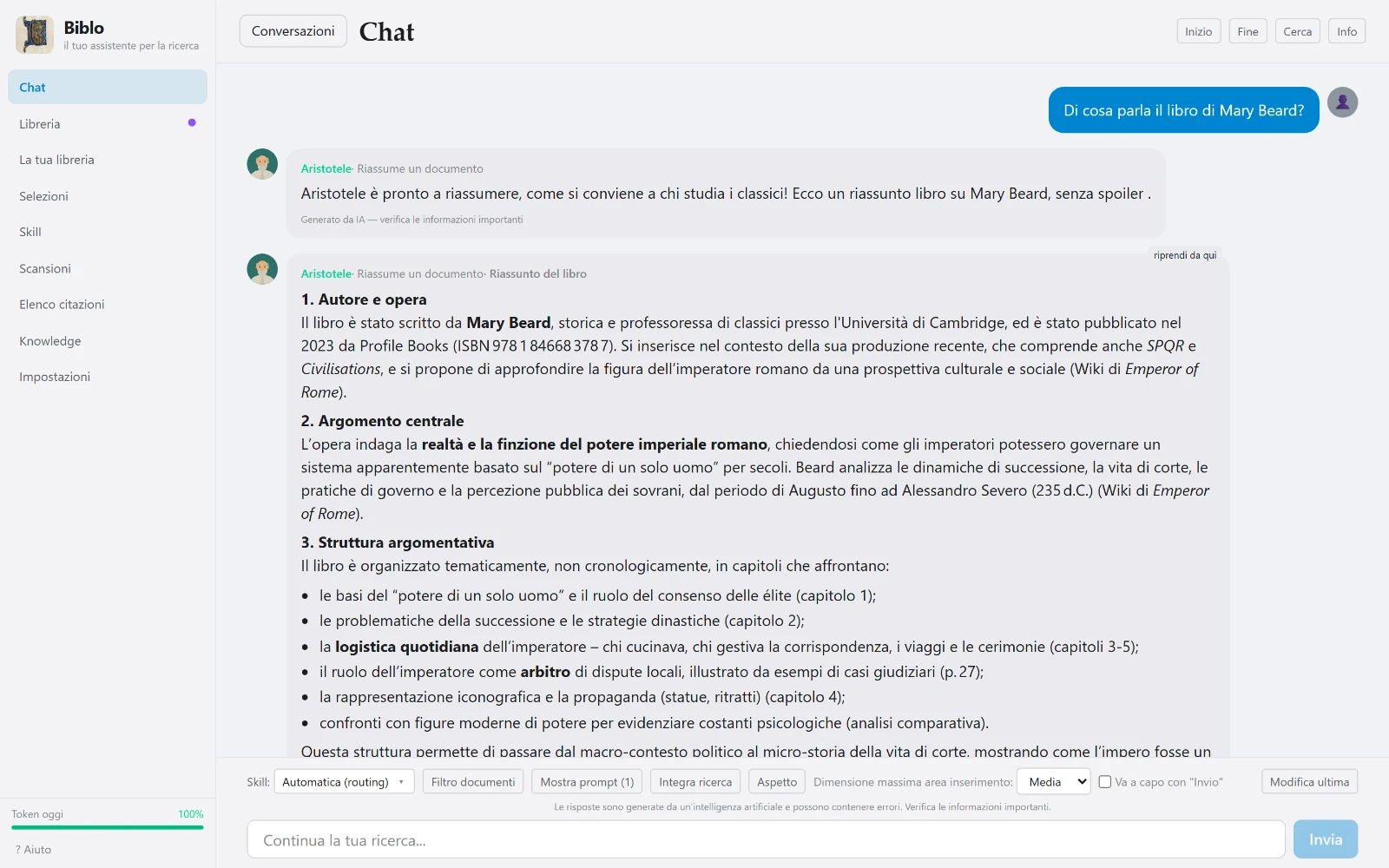 La chat di Biblo con una risposta e le fonti citate