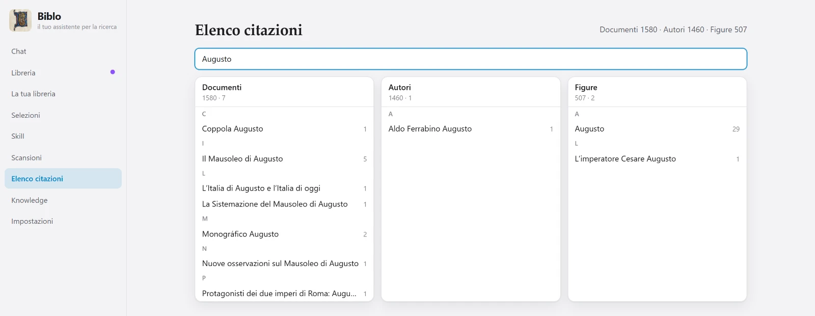 L'elenco delle citazioni di Biblo diviso in documenti, autori e figure